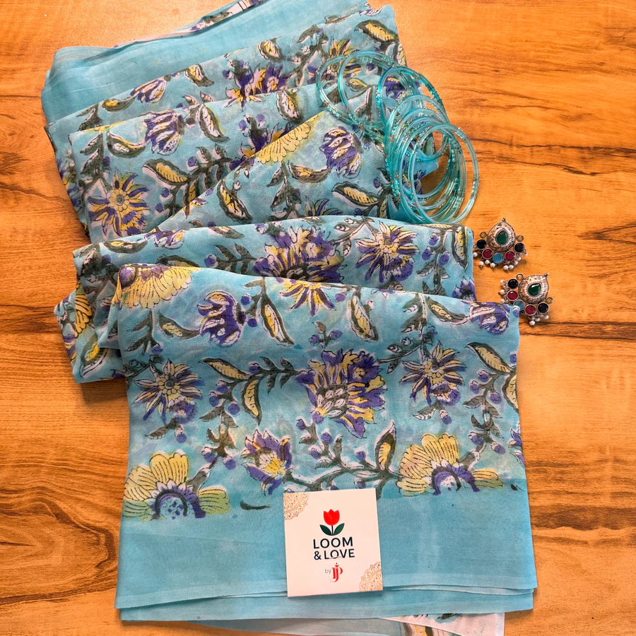 Aqua Bloom Handblock Georgette Saree