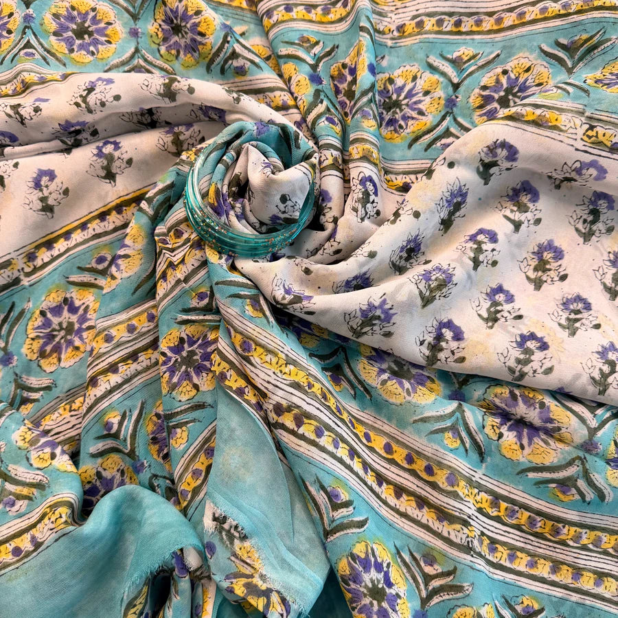 Aqua Bloom Handblock Georgette Saree