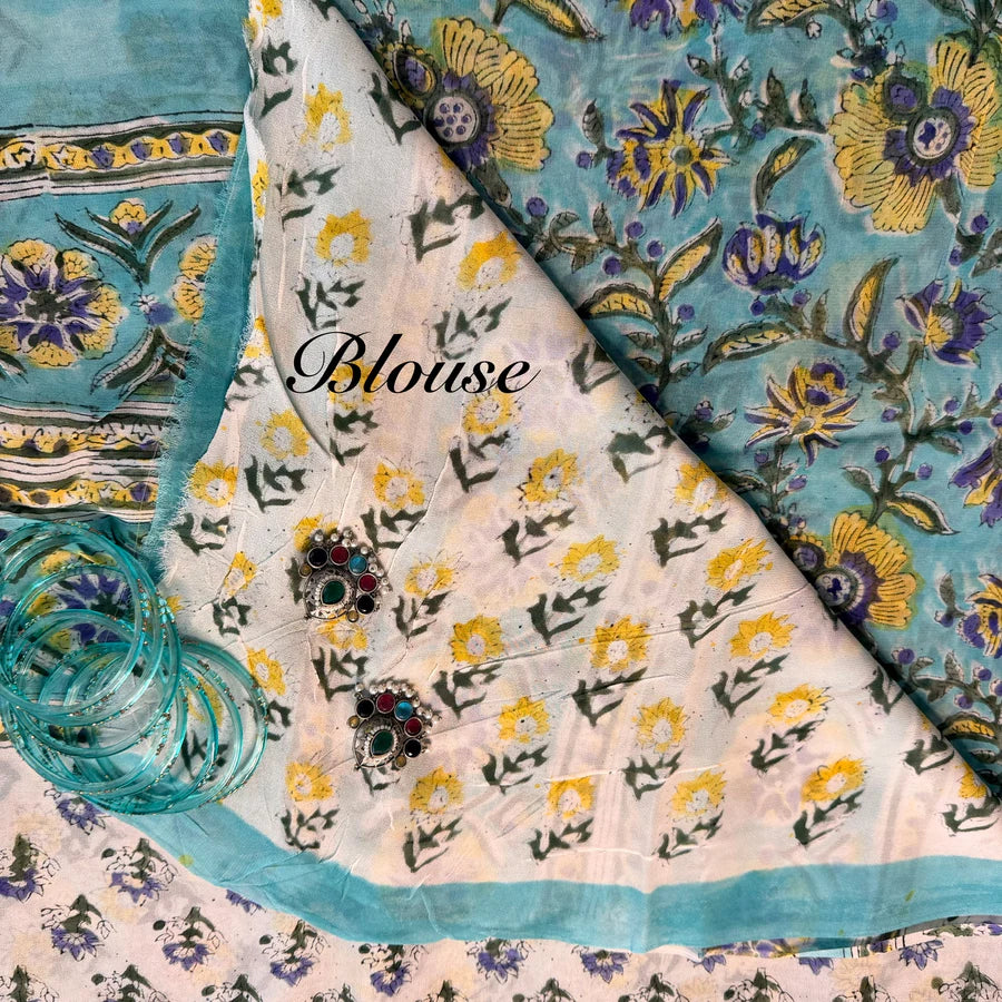 Aqua Bloom Handblock Georgette Saree