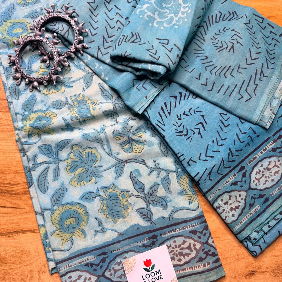 Aqua Blue Natural Vanaspati Ajrakh 3-Piece Suit