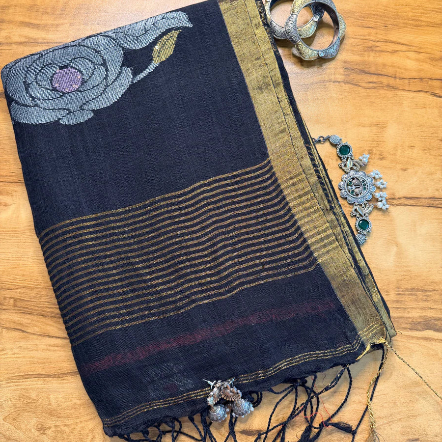 Black Floral Jamdani Organic Linen Saree