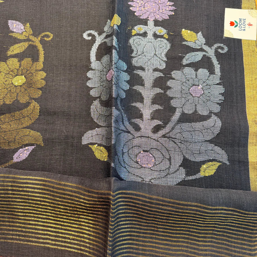 Black Floral Jamdani Organic Linen Saree
