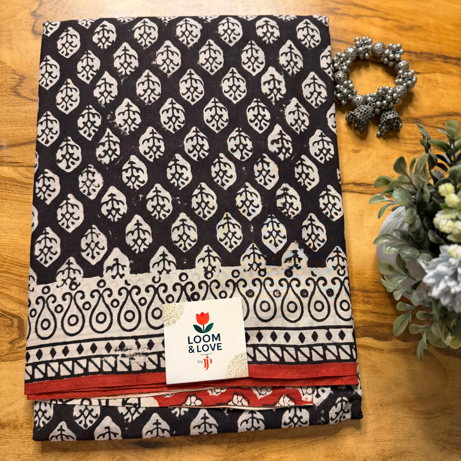 Black Leaf Butta Jaipur Cotton Saree