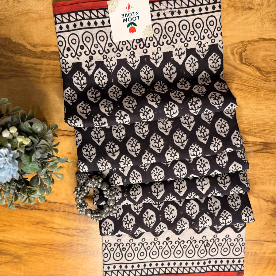 Black Leaf Butta Jaipur Cotton Saree