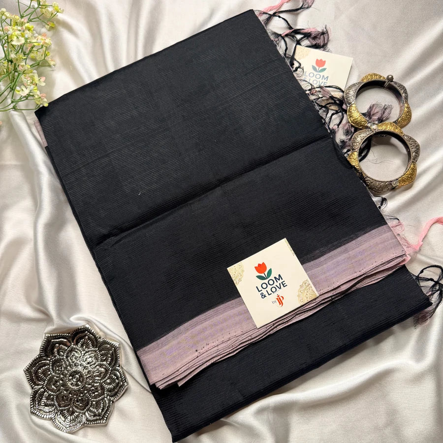 Black & Dusty Pink Handloom Mangalagiri Pattu by Cotton Saree
