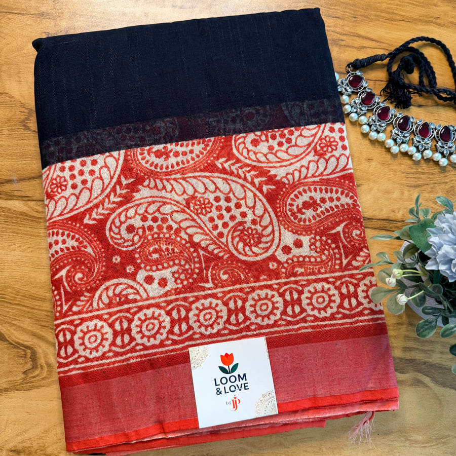 Black & Vermilion Handblock Linen Cotton Saree