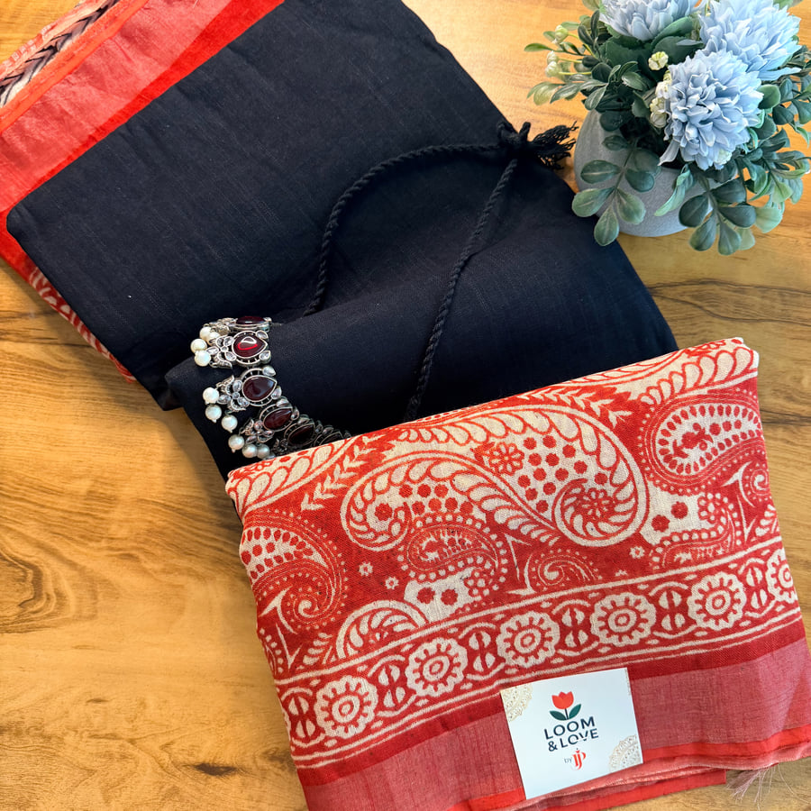 Black & Vermilion Handblock Linen Cotton Saree