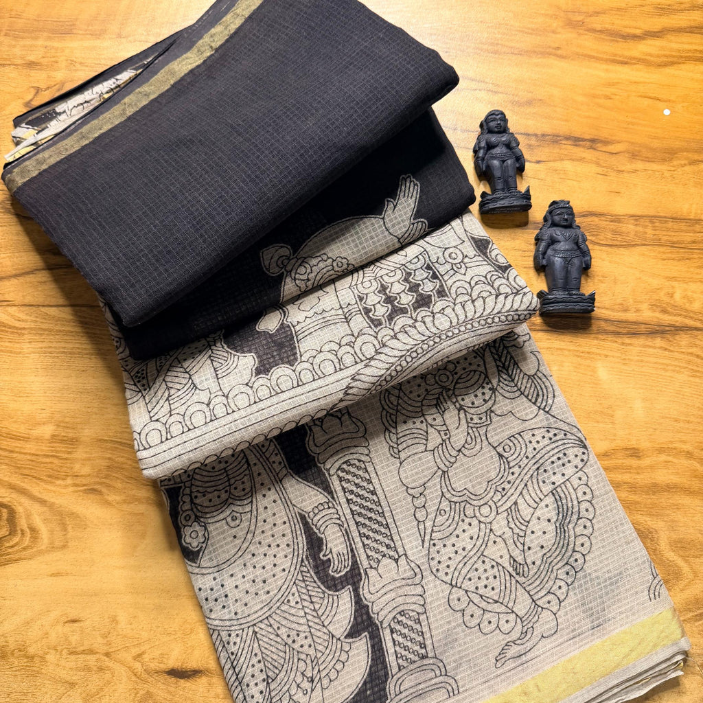 Black with Gold Zari Kalamkari Kota Saree