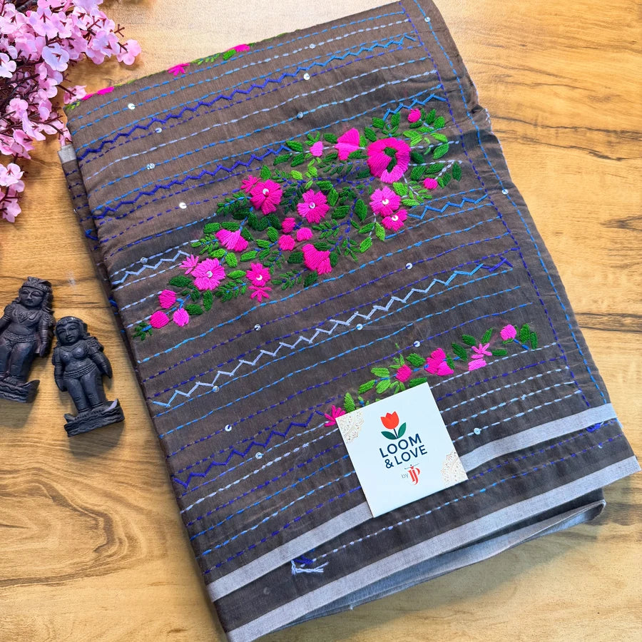 Charcoal Grey Chanderi Phulkari Work Saree