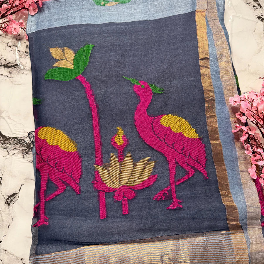 Charcoal Peacock Silk Linen Jamdani Saree