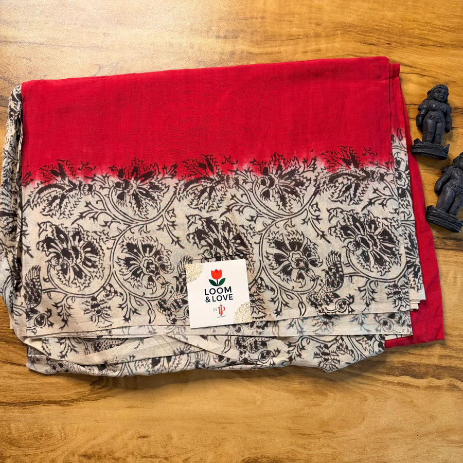 Crimson Patli Pallu Kalamkari Assam Silk Saree