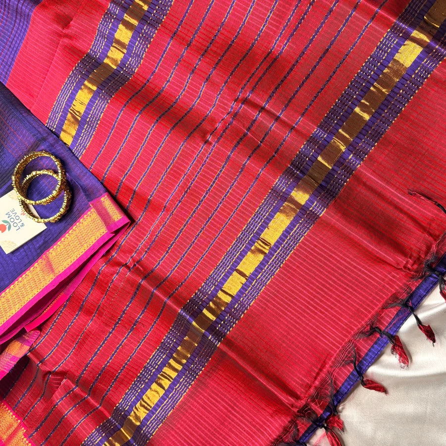 Dark Violet & Rani Pink Handloom Mangalagiri Pattu by Cotton Saree