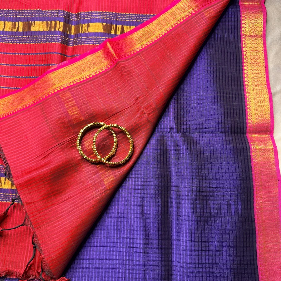 Dark Violet & Rani Pink Handloom Mangalagiri Pattu by Cotton Saree
