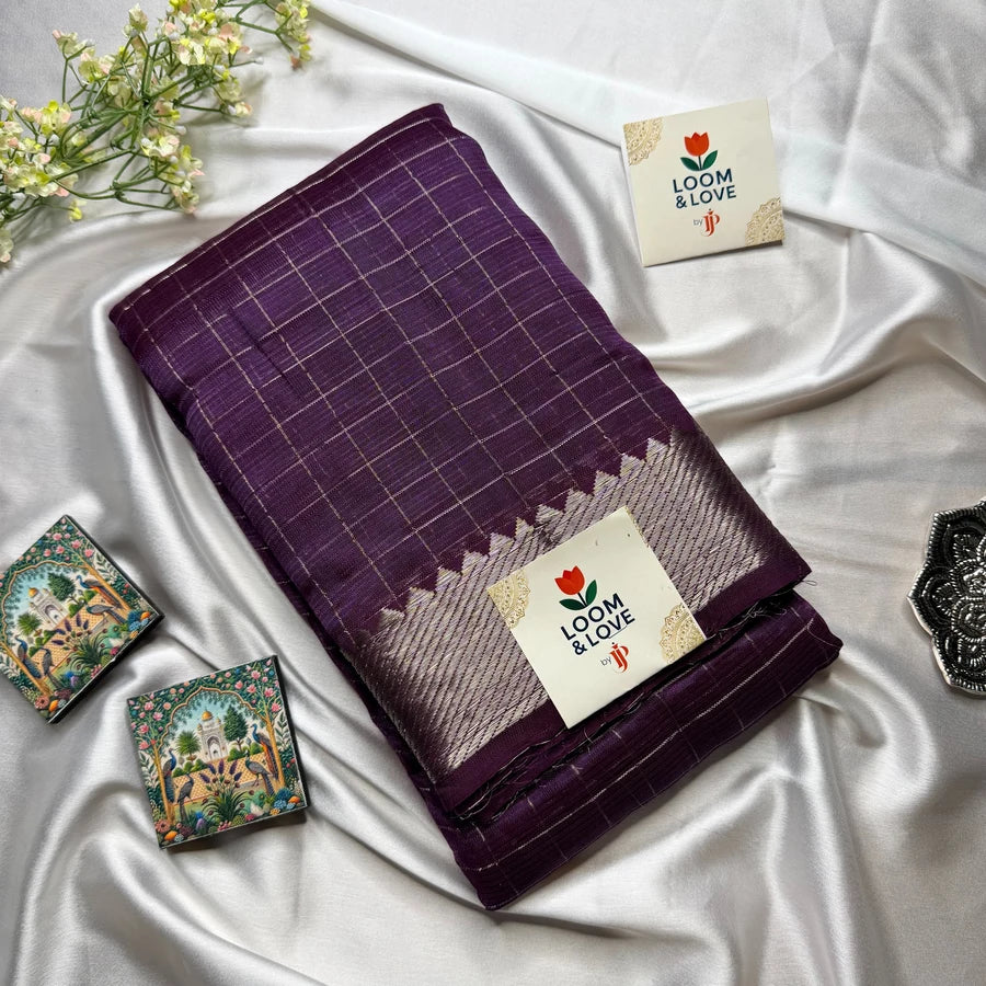 Deep Plum Purple Handloom Mangalagiri Pattu by Cotton Saree with Silver Zari Checks