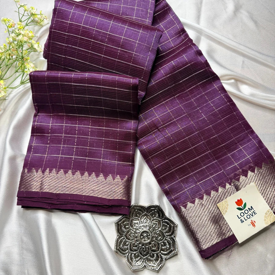 Deep Plum Purple Handloom Mangalagiri Pattu by Cotton Saree with Silver Zari Checks