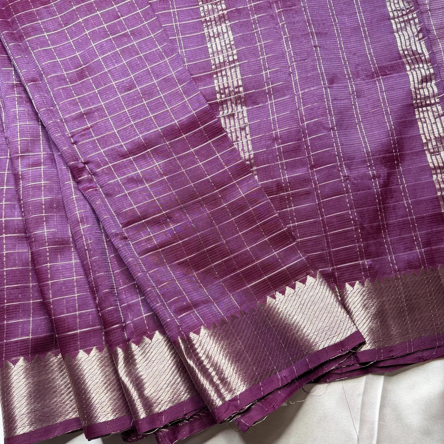 Deep Plum Purple Handloom Mangalagiri Pattu by Cotton Saree with Silver Zari Checks