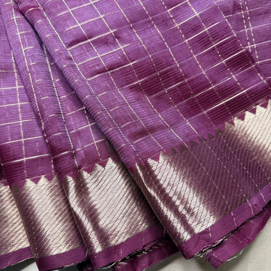 Deep Plum Purple Handloom Mangalagiri Pattu by Cotton Saree with Silver Zari Checks