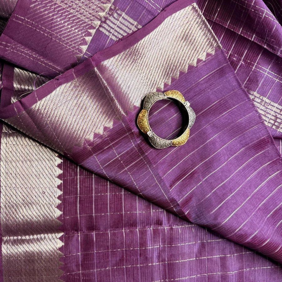 Deep Plum Purple Handloom Mangalagiri Pattu by Cotton Saree with Silver Zari Checks