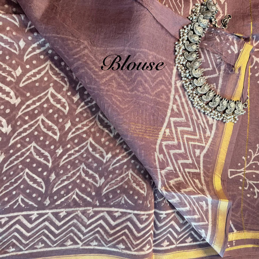 Dusty Plum Leaf Chanderi Silk Cotton Saree