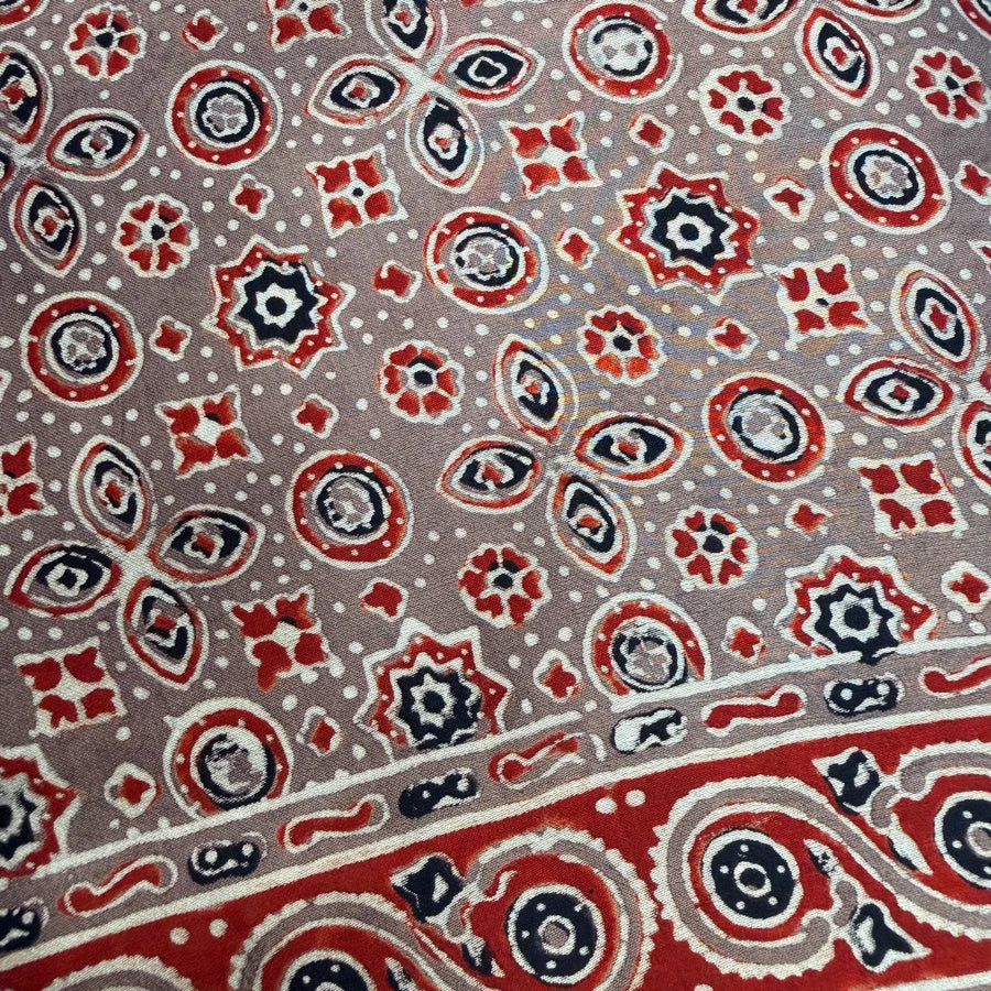 Earthy Taupe & Red Ajrakh Modal Silk Saree