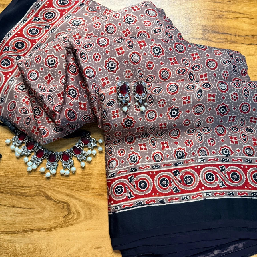 Earthy Taupe & Red Ajrakh Modal Silk Saree