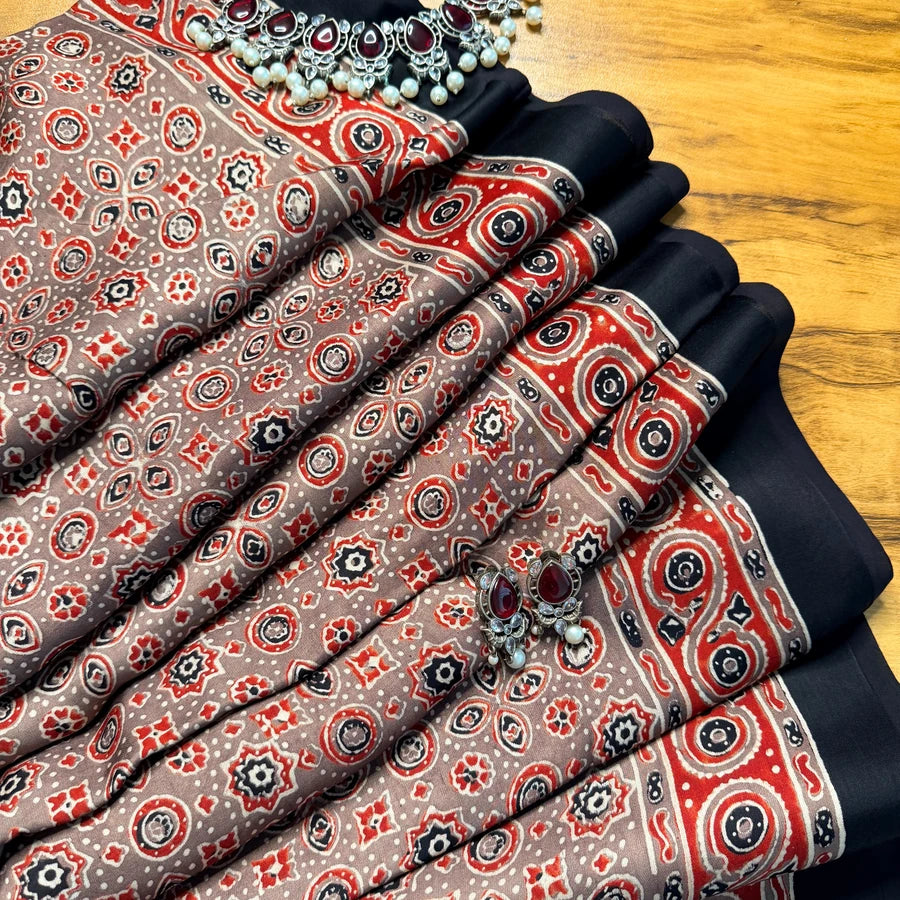 Earthy Taupe & Red Ajrakh Modal Silk Saree