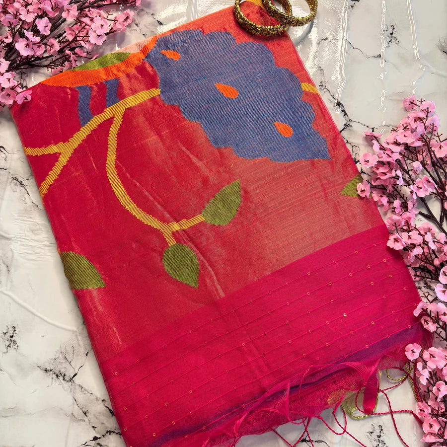 Fuchsia Pink Semi-Muslin Jamdani Saree