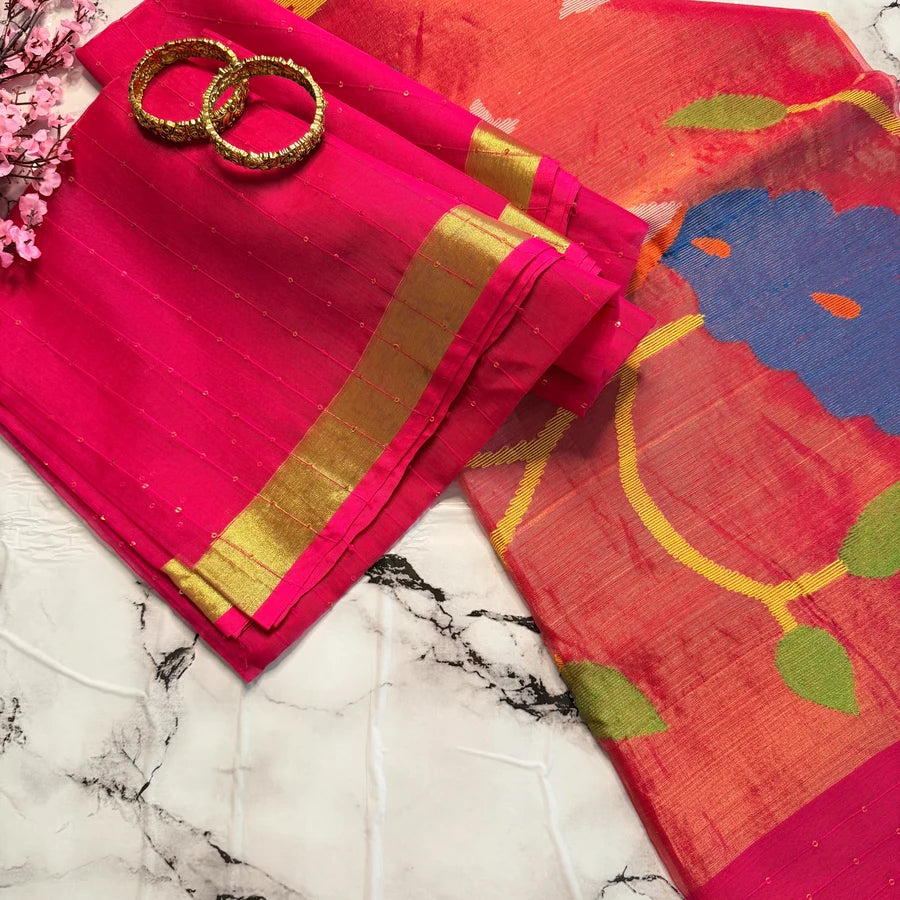 Fuchsia Pink Semi-Muslin Jamdani Saree