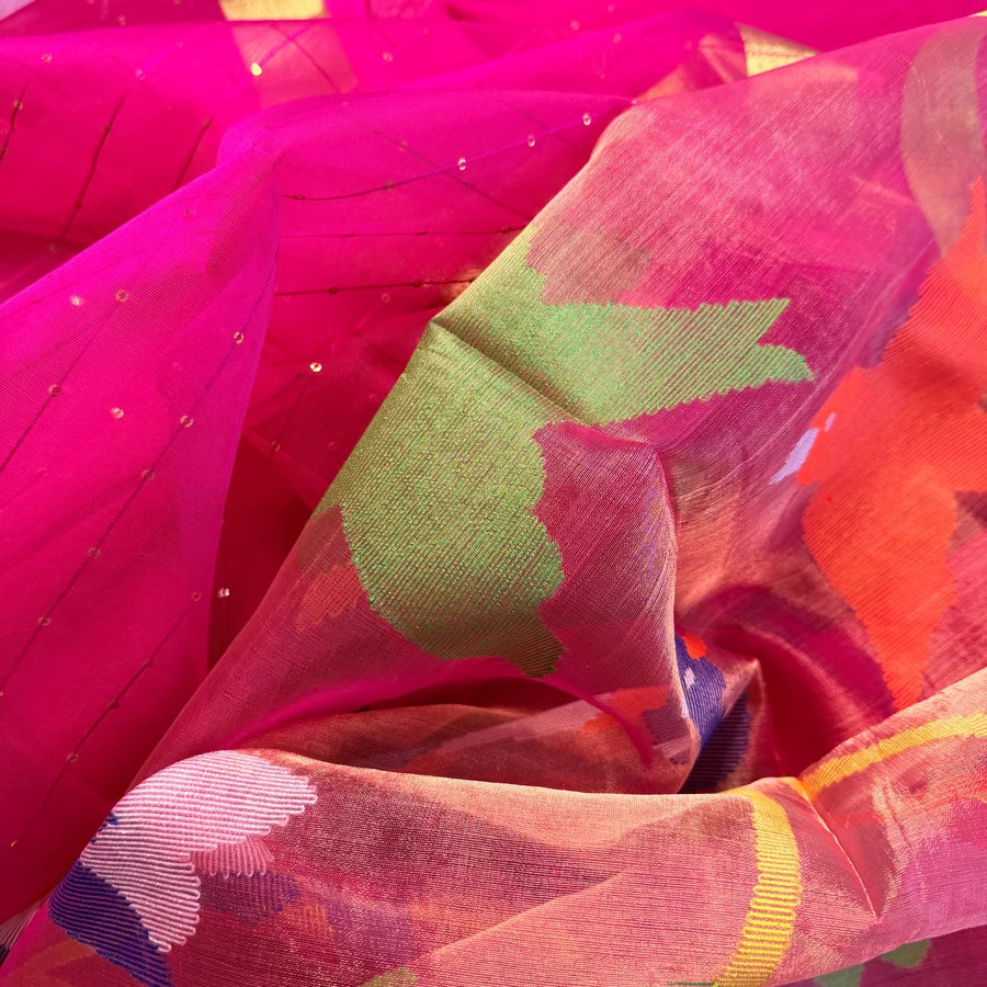 Fuchsia Pink Semi-Muslin Jamdani Saree