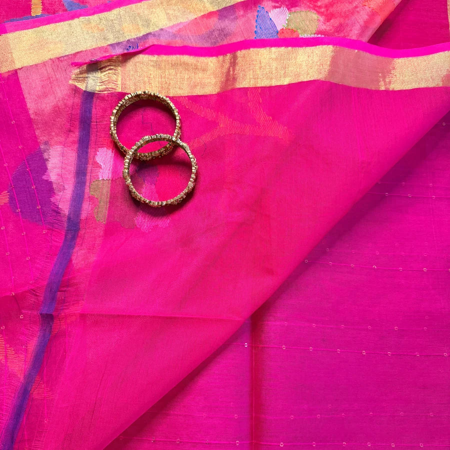 Fuchsia Pink Semi-Muslin Jamdani Saree