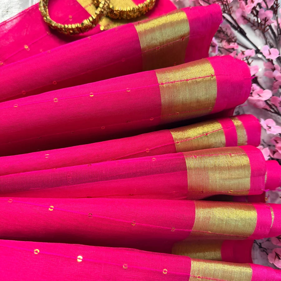 Fuchsia Pink Semi-Muslin Jamdani Saree