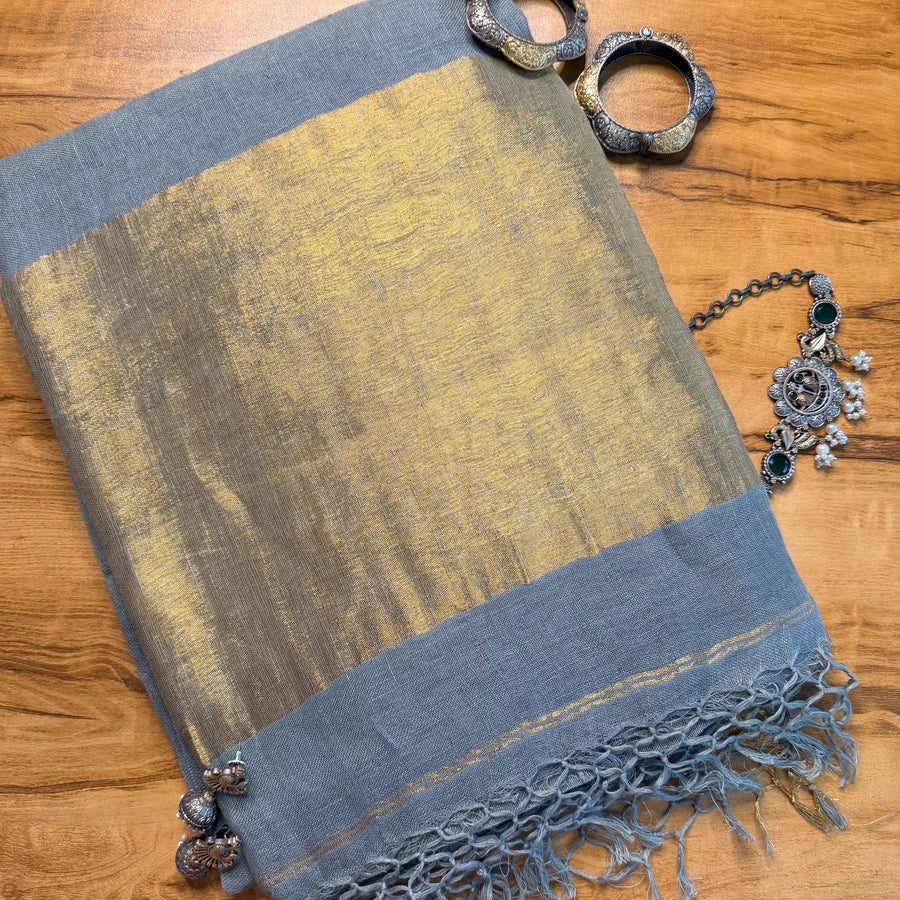 Grey Gold Zari Organic Linen Saree