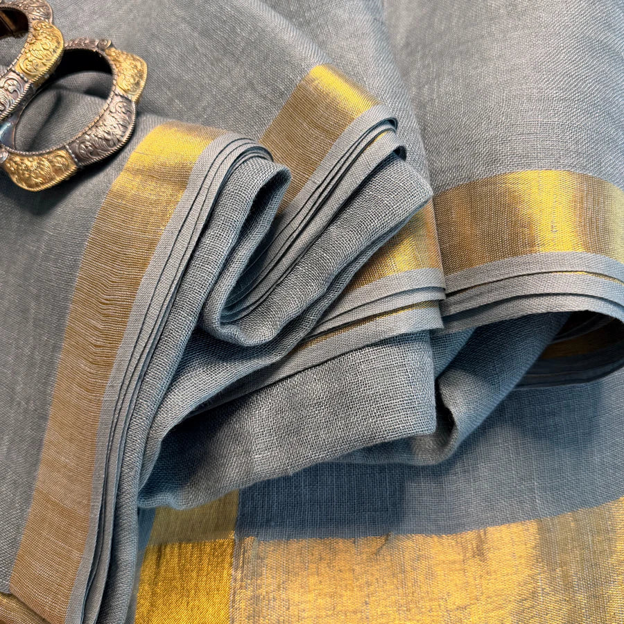 Grey Gold Zari Organic Linen Saree