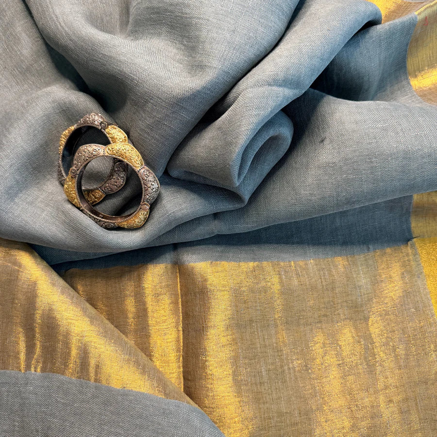 Grey Gold Zari Organic Linen Saree