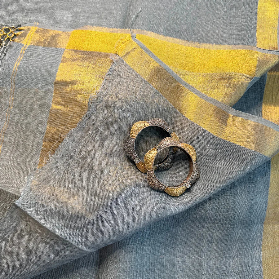 Grey Gold Zari Organic Linen Saree