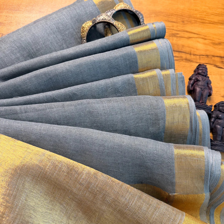 Grey Gold Zari Organic Linen Saree