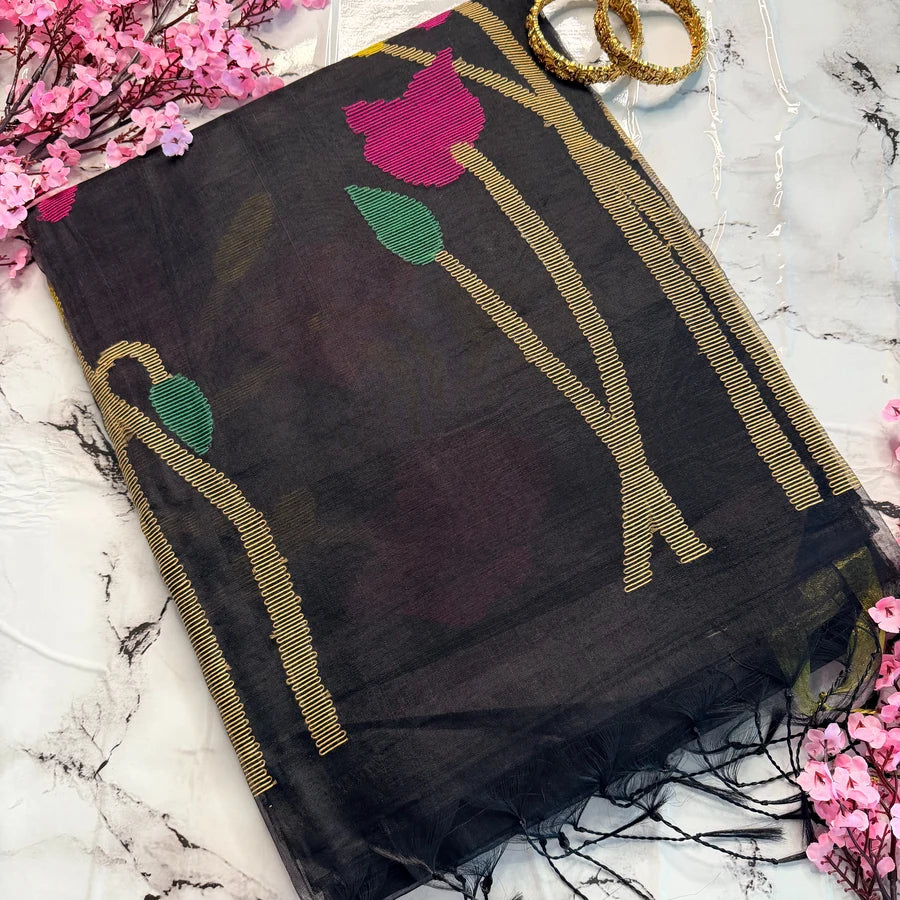 Gulnaar – Black Floral Jamdani Semi-Muslin Silk Saree