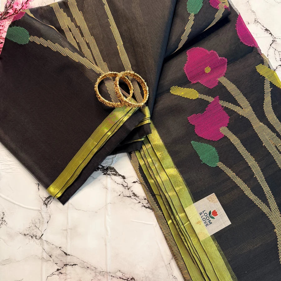 Gulnaar – Black Floral Jamdani Semi-Muslin Silk Saree