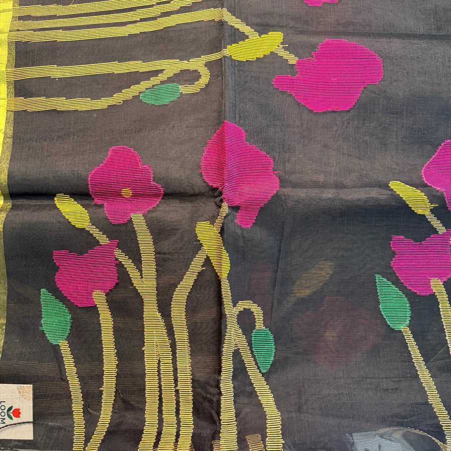 Gulnaar – Black Floral Jamdani Semi-Muslin Silk Saree