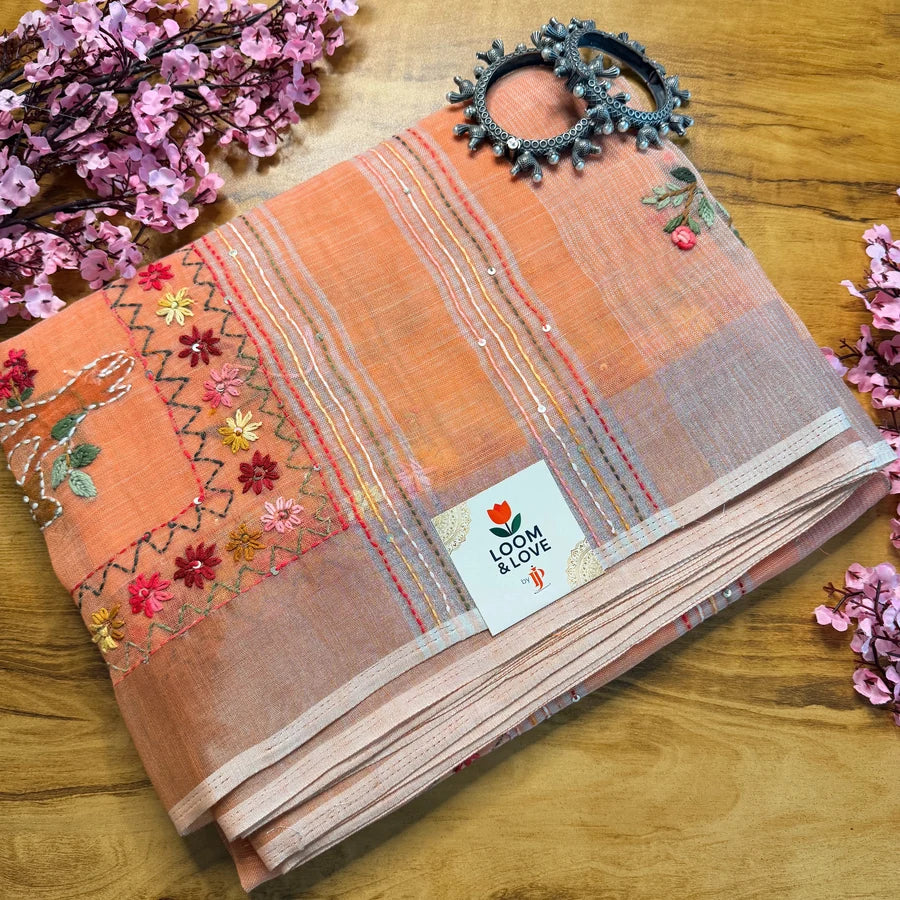 Hand Embroidered Linen Cotton Saree – Peach