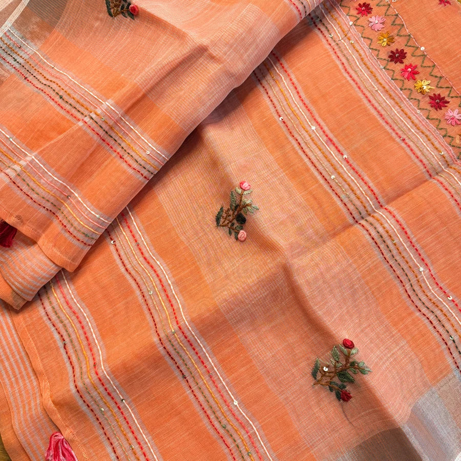 Hand Embroidered Linen Cotton Saree – Peach