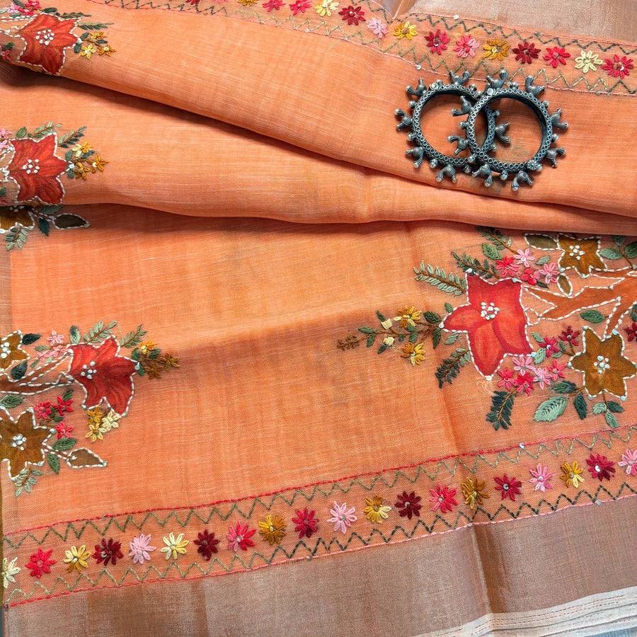 Hand Embroidered Linen Cotton Saree – Peach