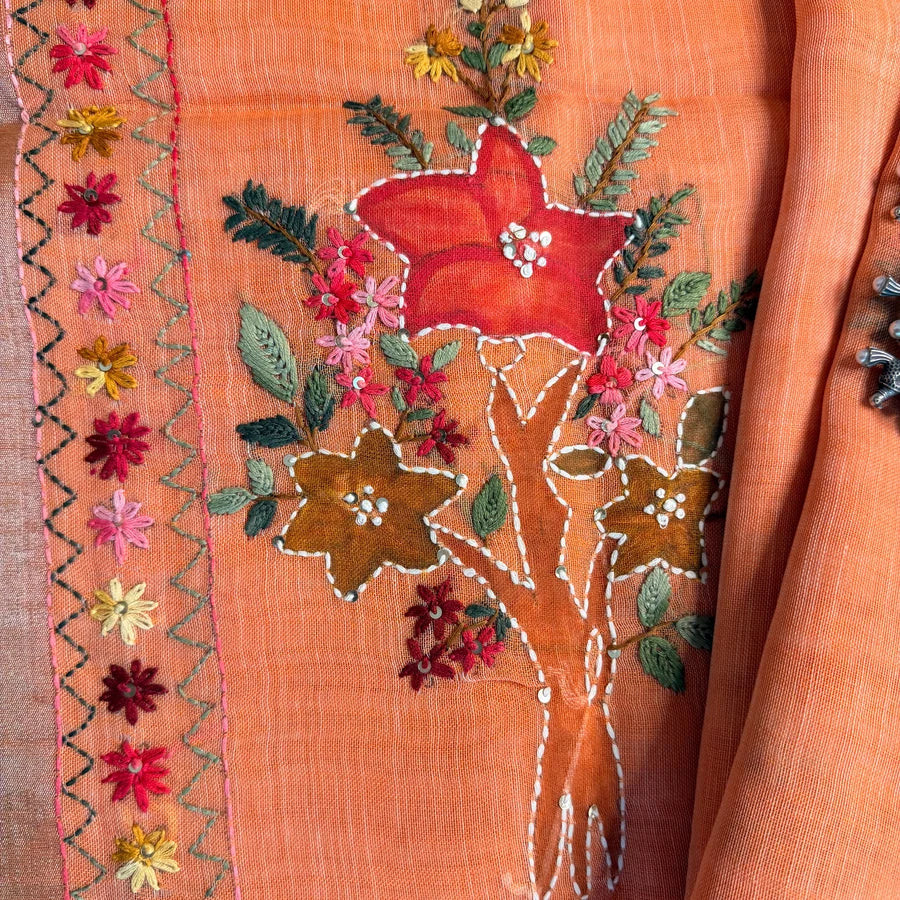 Hand Embroidered Linen Cotton Saree – Peach