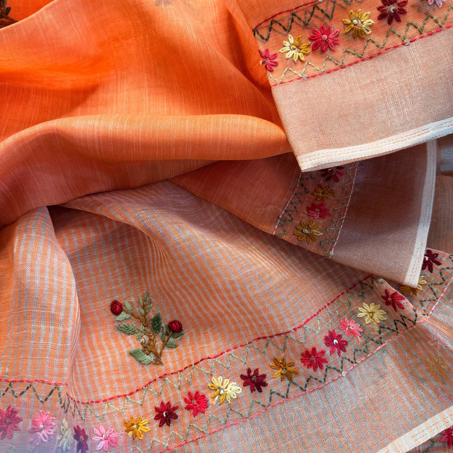 Hand Embroidered Linen Cotton Saree – Peach