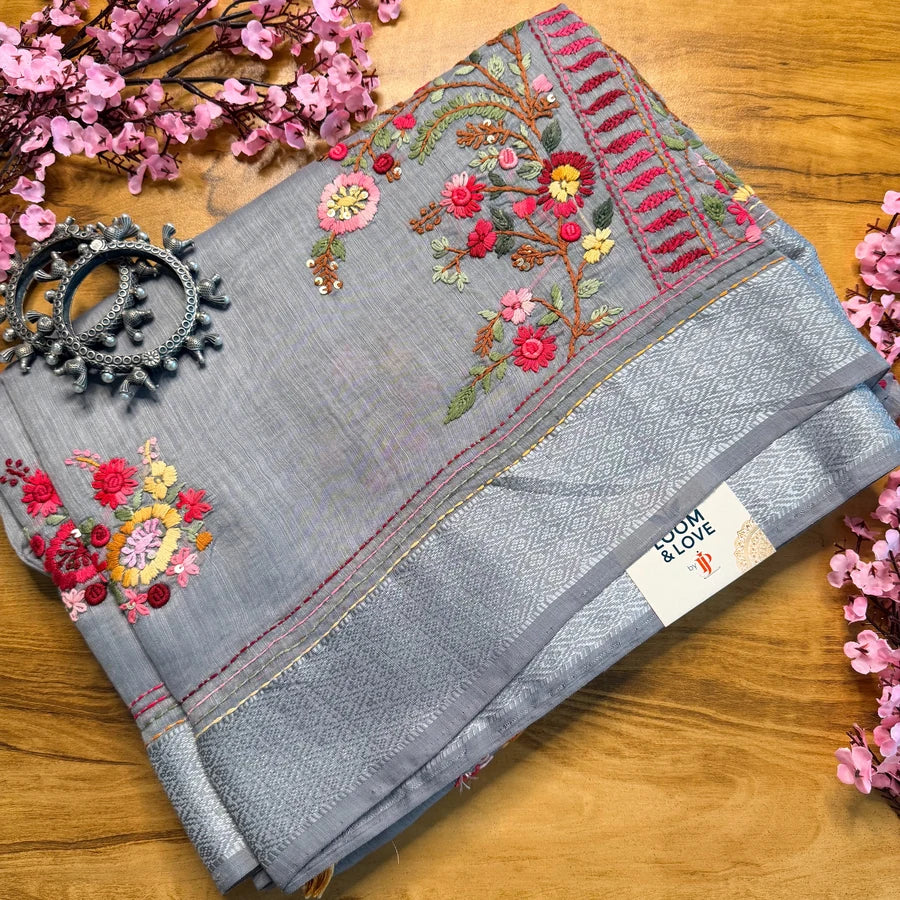 Hand Embroidered Linen Cotton Saree – Silver Grey