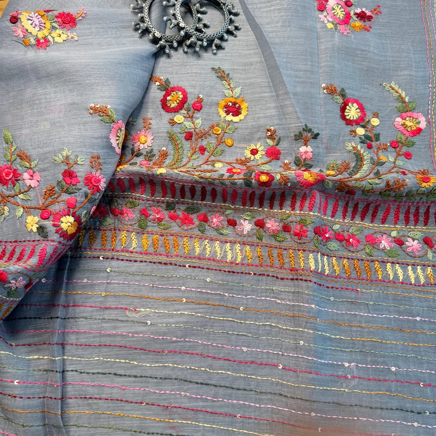Hand Embroidered Linen Cotton Saree – Silver Grey