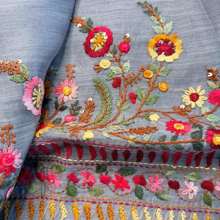 Hand Embroidered Linen Cotton Saree – Silver Grey