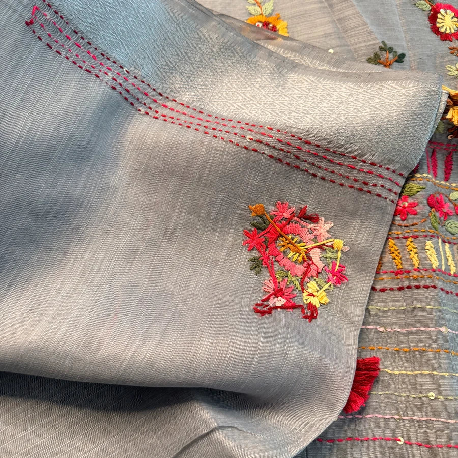 Hand Embroidered Linen Cotton Saree – Silver Grey