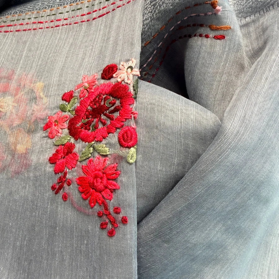 Hand Embroidered Linen Cotton Saree – Silver Grey