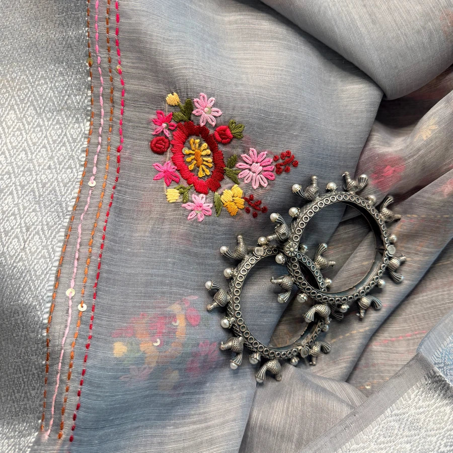 Hand Embroidered Linen Cotton Saree – Silver Grey